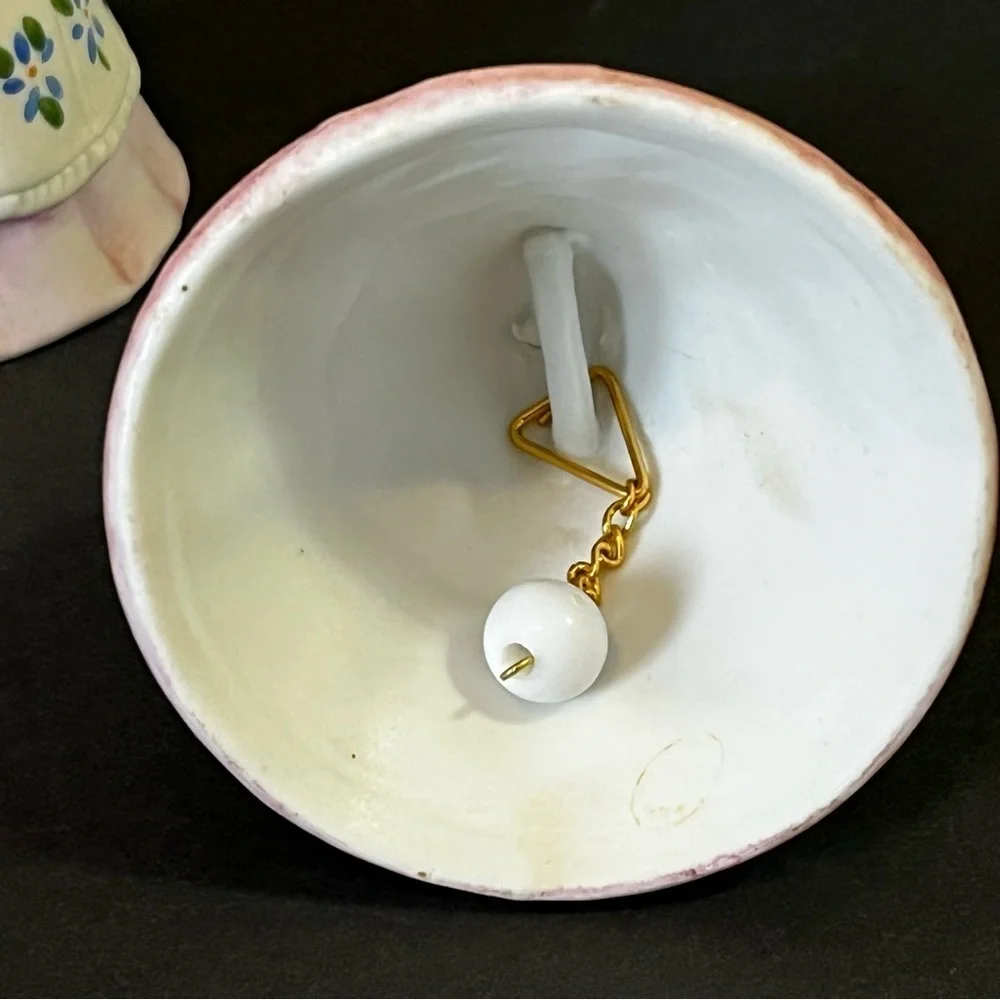 Lefton? Porcelain Bell Set Girl White Apron Baker Pink Roses Chef Garden Lot 2x